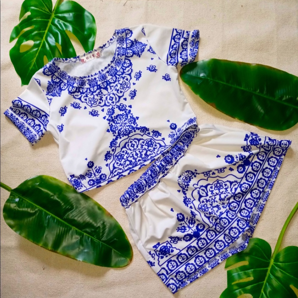 White & Blue 2pc Short Crop Top Set